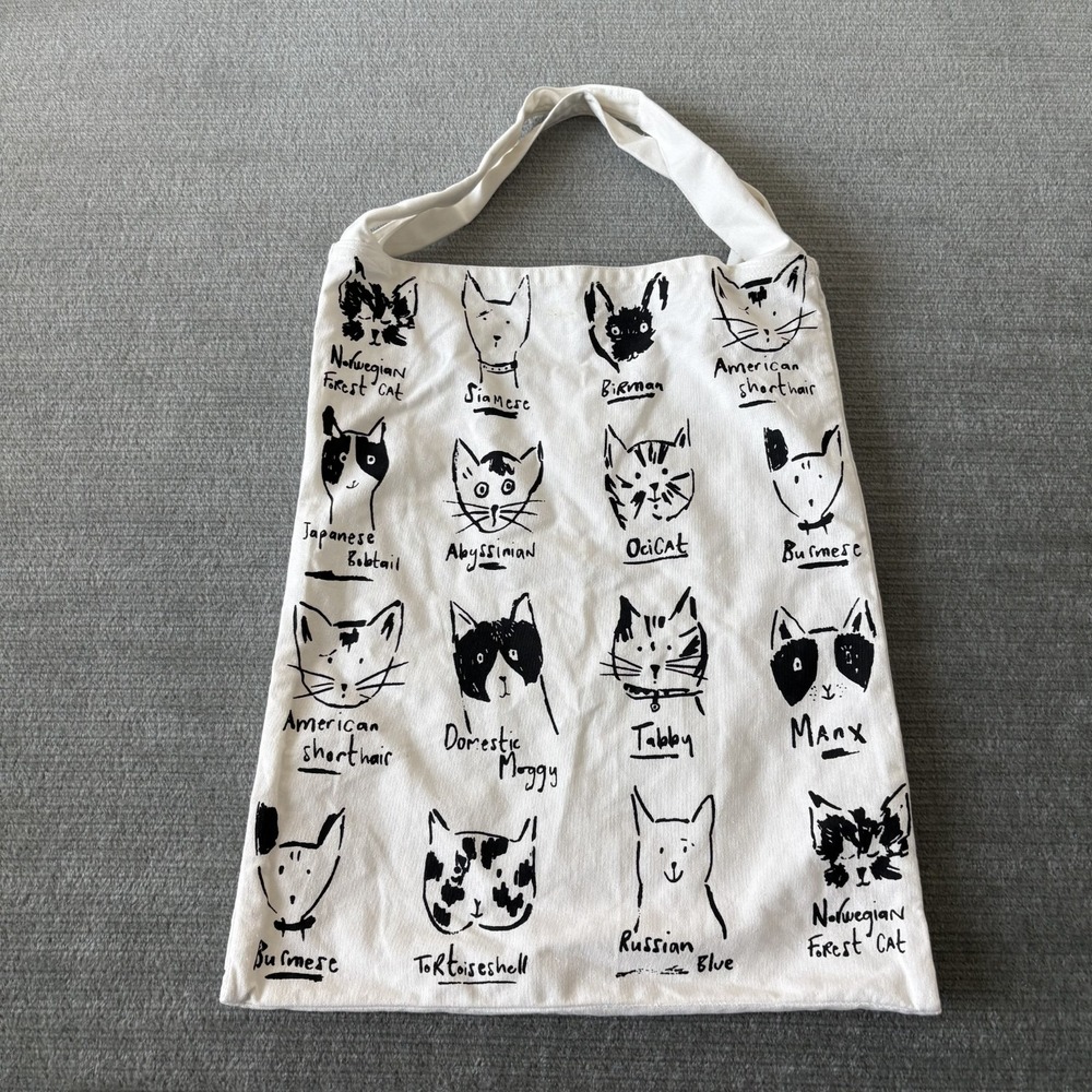 World Market Caricature Cat‎ Tote Bag Canvas Double Handles Shopping Cat Lover